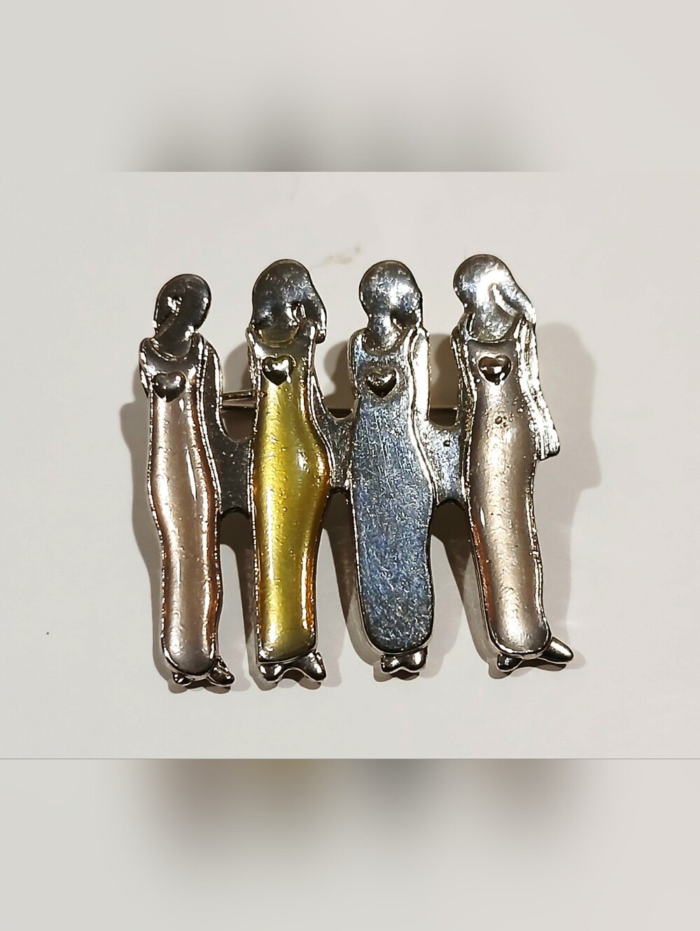 Four-Woman Beautiful Sisters Silver Tone Brooch with Gold and Blue Accents